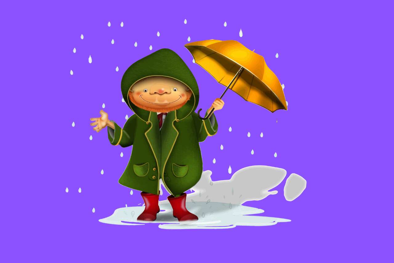 Cartoon character holding an umbrella in a cheerful pose.